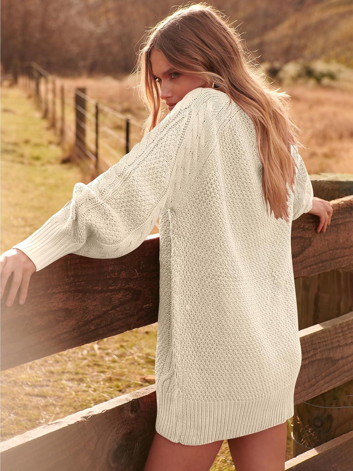 imageANRABESS Womens Sweater Dress Oversized Cable Knit Chunky Long Sleeve Short Dresses 2025 Fall Outfits Vacation Winter ClothesBeige