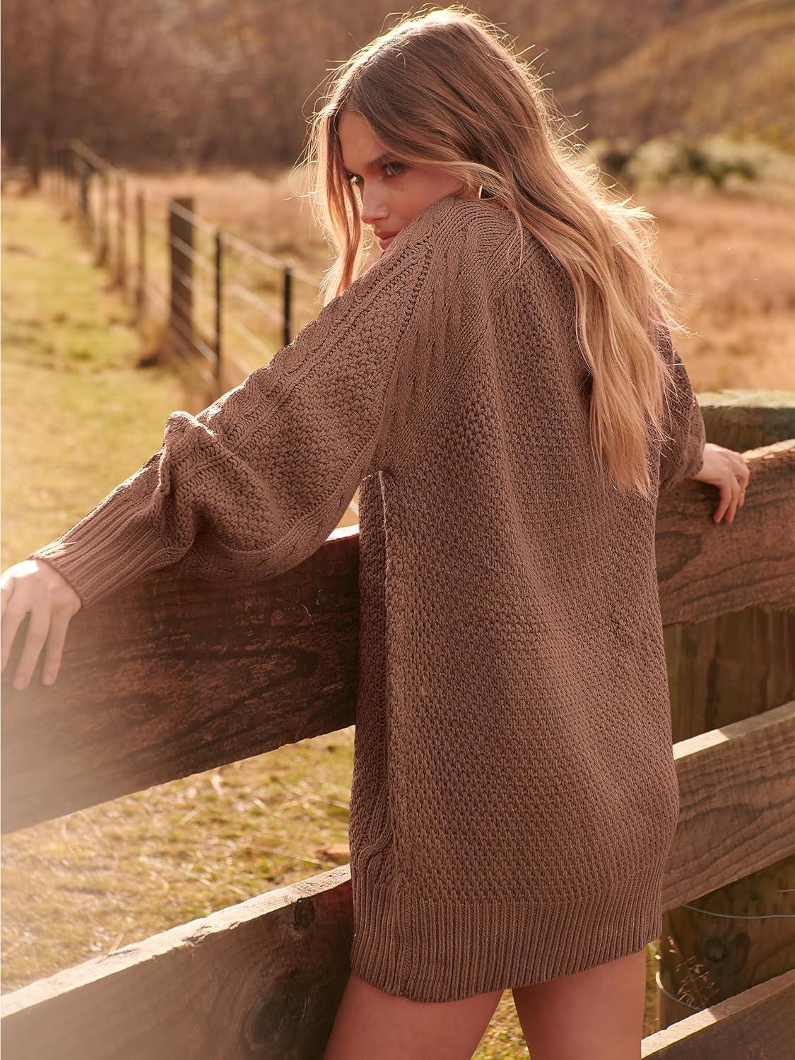 imageANRABESS Womens Sweater Dress Oversized Cable Knit Chunky Long Sleeve Short Dresses 2025 Fall Outfits Vacation Winter ClothesBrown