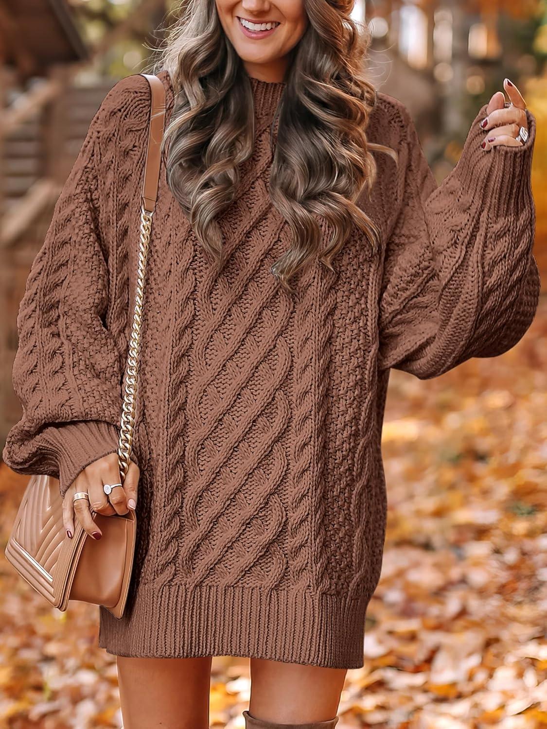 imageANRABESS Womens Sweater Dress Oversized Cable Knit Chunky Long Sleeve Short Dresses 2025 Fall Outfits Vacation Winter ClothesBrown