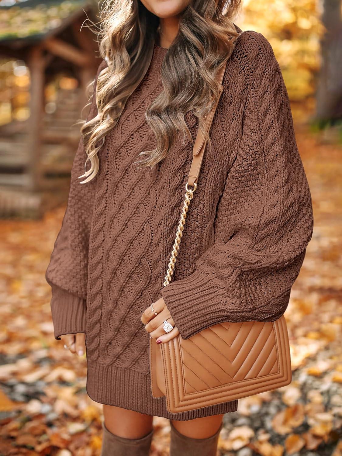 imageANRABESS Womens Sweater Dress Oversized Cable Knit Chunky Long Sleeve Short Dresses 2025 Fall Outfits Vacation Winter ClothesBrown