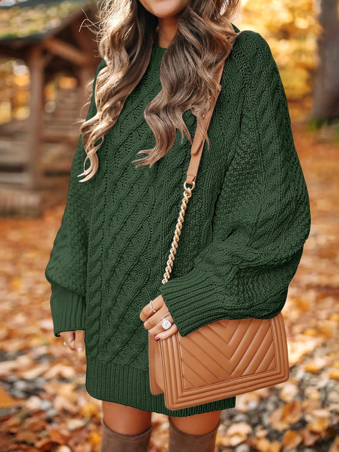 imageANRABESS Womens Sweater Dress Oversized Cable Knit Chunky Long Sleeve Short Dresses 2025 Fall Outfits Vacation Winter ClothesDeep Green