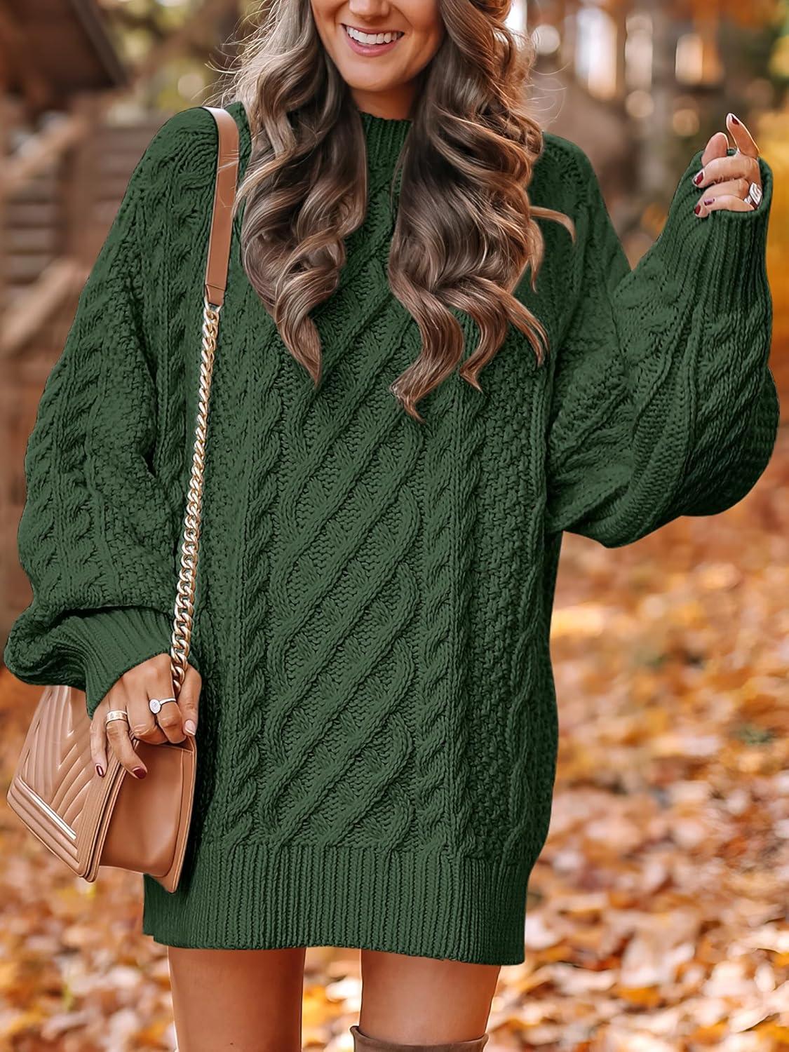 imageANRABESS Womens Sweater Dress Oversized Cable Knit Chunky Long Sleeve Short Dresses 2025 Fall Outfits Vacation Winter ClothesDeep Green