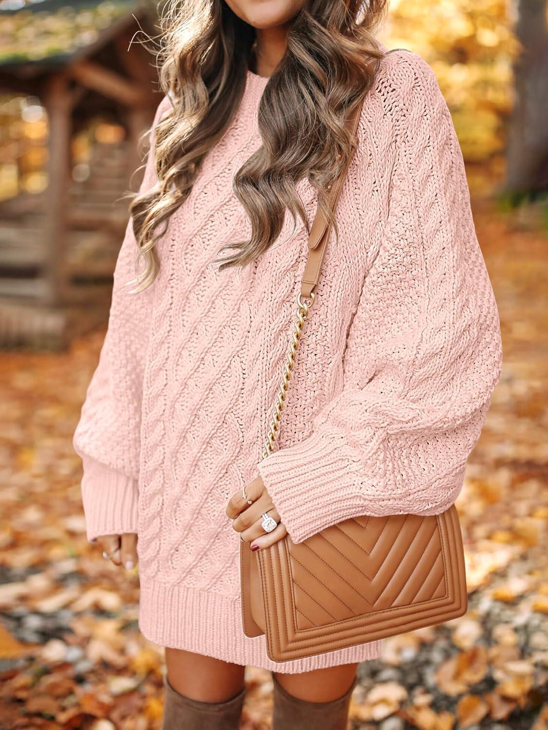 imageANRABESS Womens Sweater Dress Oversized Cable Knit Chunky Long Sleeve Short Dresses 2025 Fall Outfits Vacation Winter ClothesPink