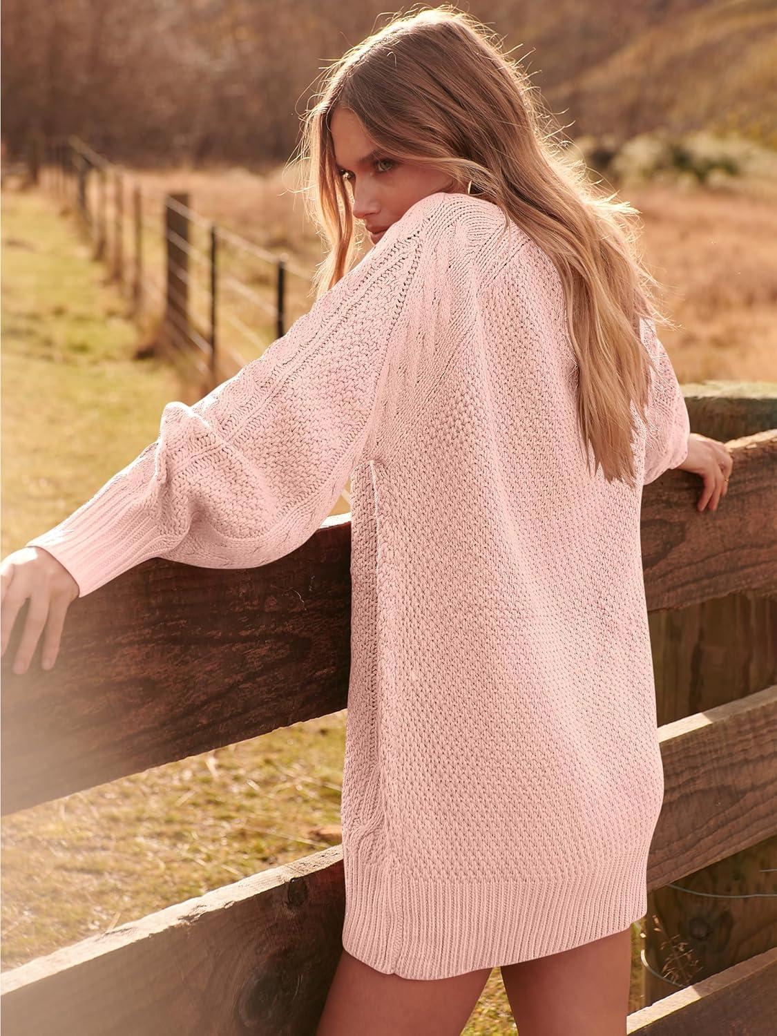 imageANRABESS Womens Sweater Dress Oversized Cable Knit Chunky Long Sleeve Short Dresses 2025 Fall Outfits Vacation Winter ClothesPink