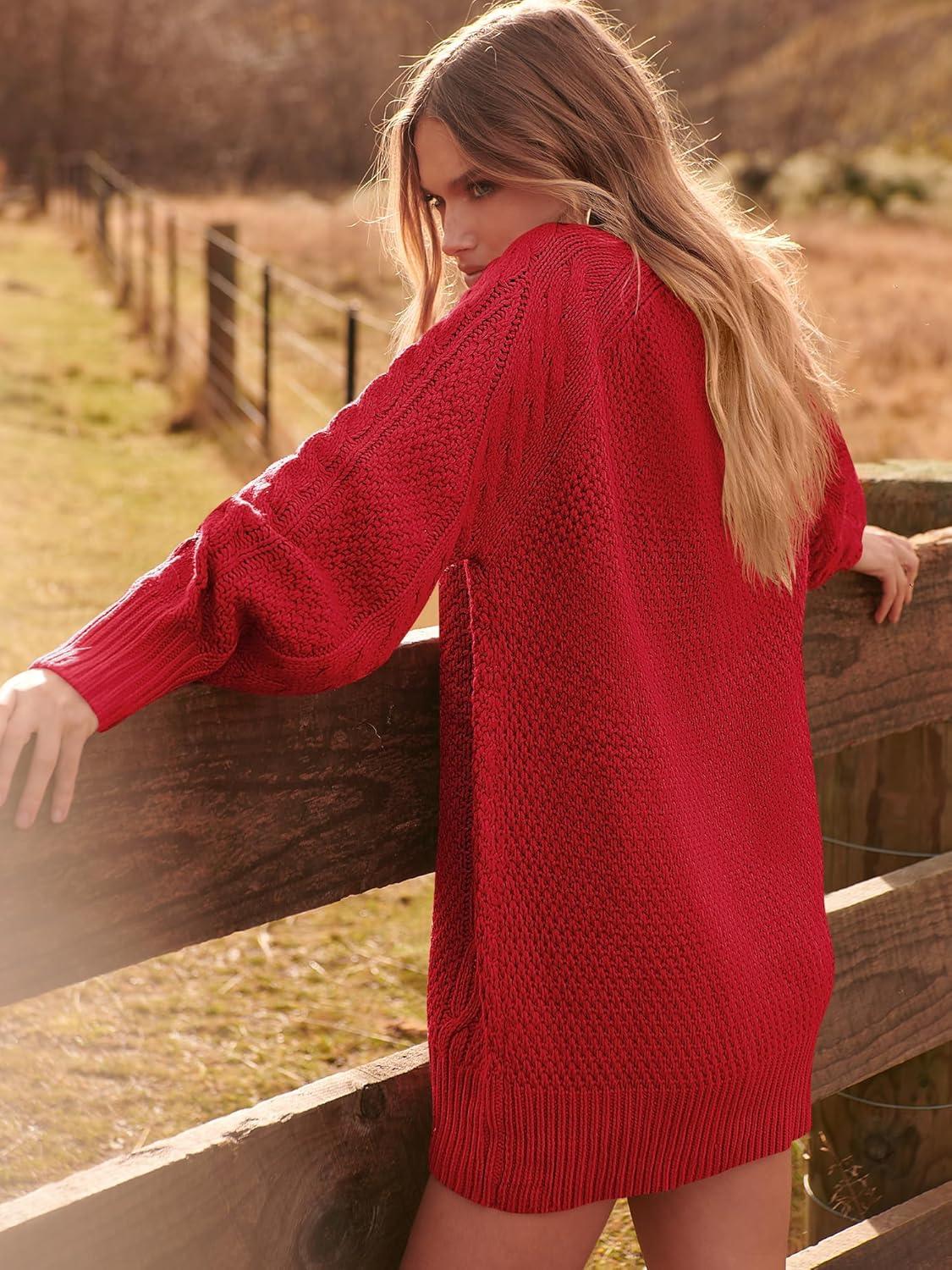 imageANRABESS Womens Sweater Dress Oversized Cable Knit Chunky Long Sleeve Short Dresses 2025 Fall Outfits Vacation Winter ClothesRed