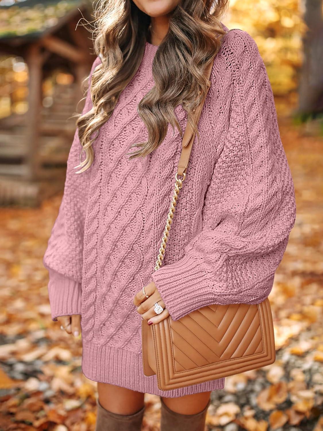 imageANRABESS Womens Sweater Dress Oversized Cable Knit Chunky Long Sleeve Short Dresses 2025 Fall Outfits Vacation Winter ClothesRed Pink