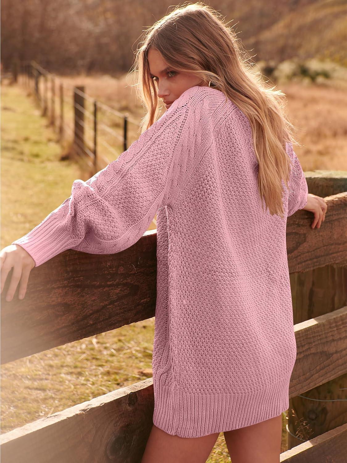 imageANRABESS Womens Sweater Dress Oversized Cable Knit Chunky Long Sleeve Short Dresses 2025 Fall Outfits Vacation Winter ClothesRed Pink