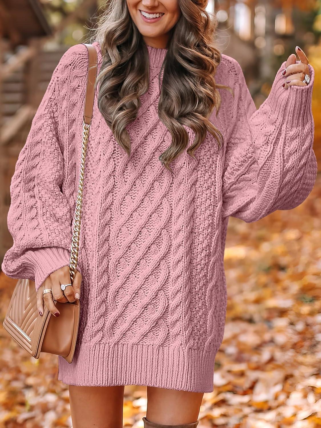 imageANRABESS Womens Sweater Dress Oversized Cable Knit Chunky Long Sleeve Short Dresses 2025 Fall Outfits Vacation Winter ClothesRed Pink