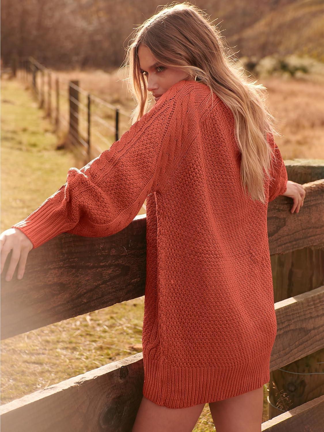 imageANRABESS Womens Sweater Dress Oversized Cable Knit Chunky Long Sleeve Short Dresses 2025 Fall Outfits Vacation Winter ClothesRust Orange