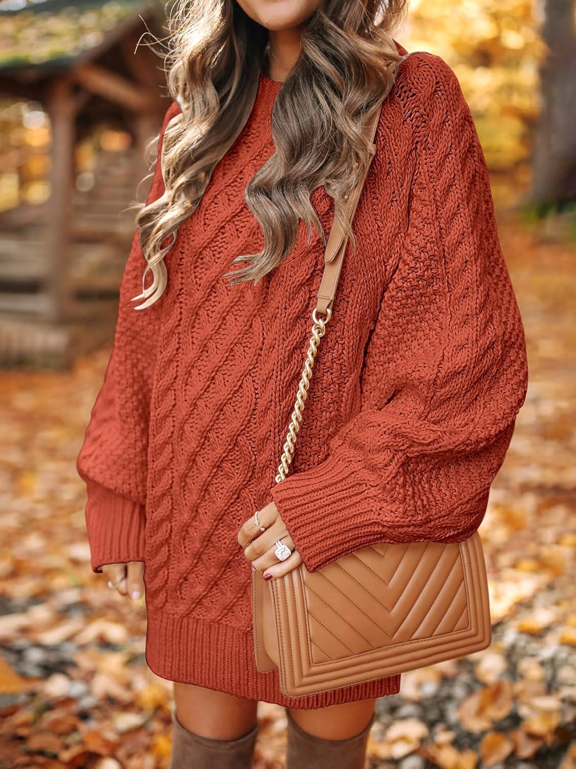 imageANRABESS Womens Sweater Dress Oversized Cable Knit Chunky Long Sleeve Short Dresses 2025 Fall Outfits Vacation Winter ClothesRust Orange