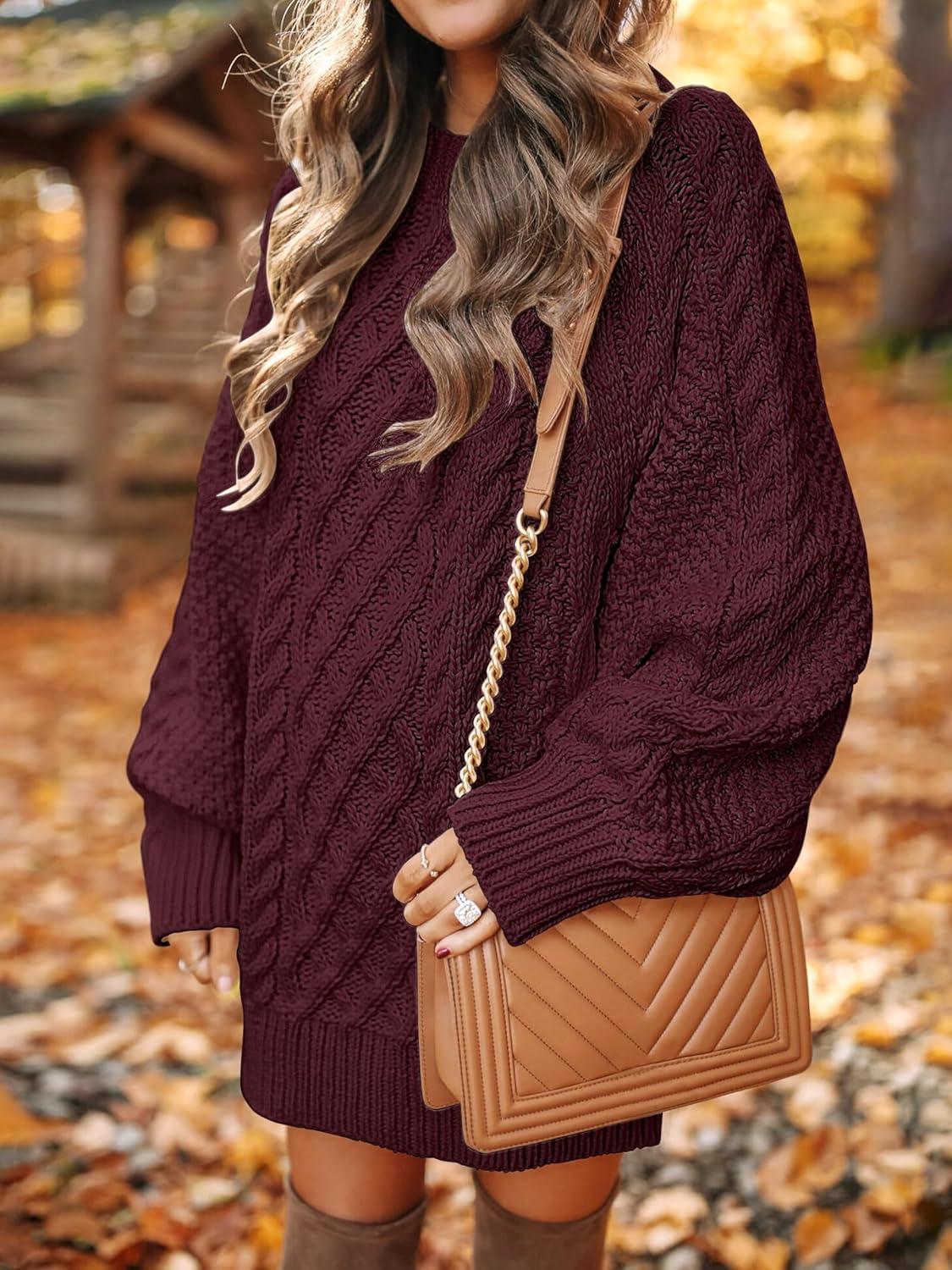 imageANRABESS Womens Sweater Dress Oversized Cable Knit Chunky Long Sleeve Short Dresses 2025 Fall Outfits Vacation Winter ClothesWine Red