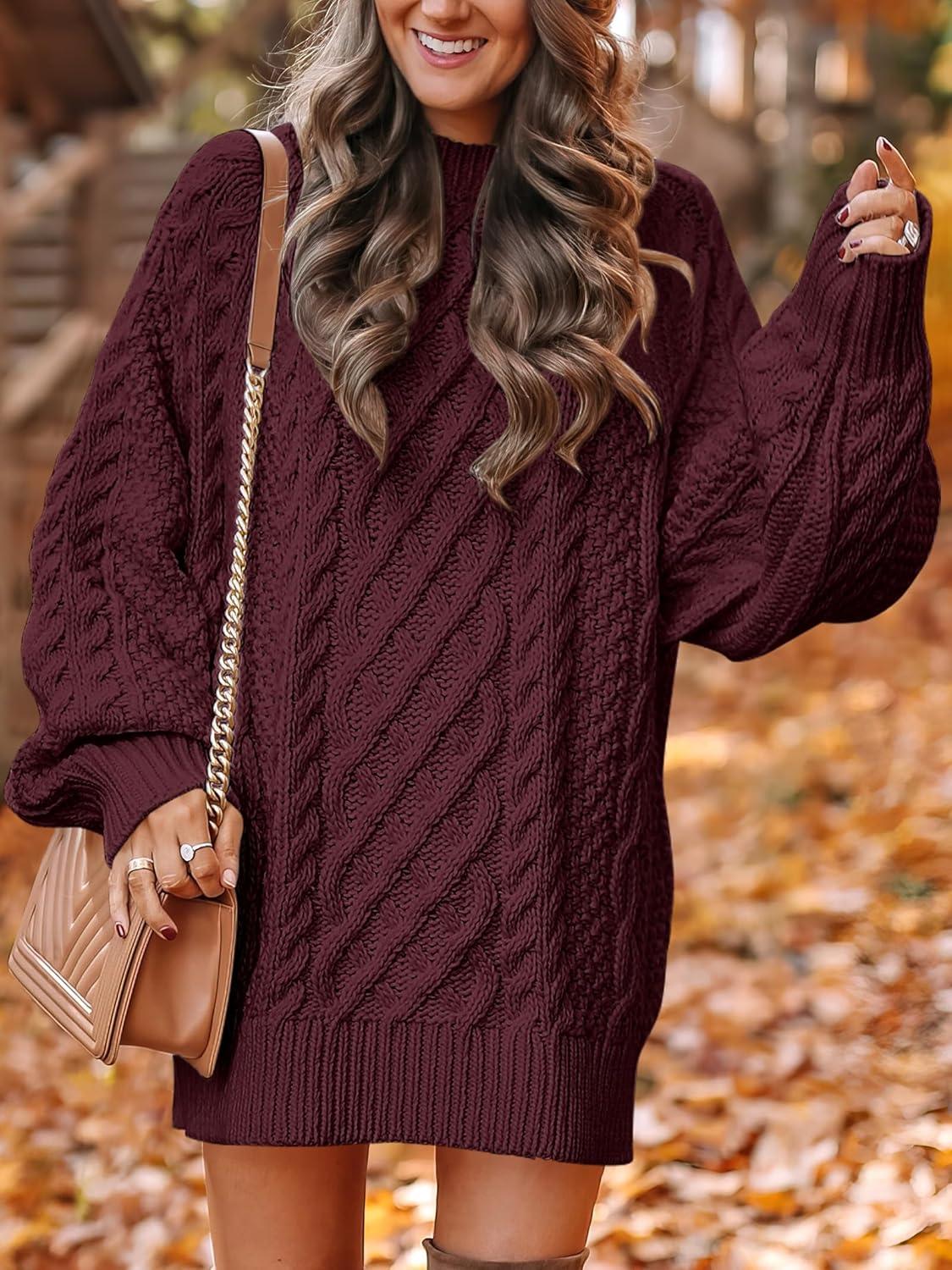 imageANRABESS Womens Sweater Dress Oversized Cable Knit Chunky Long Sleeve Short Dresses 2025 Fall Outfits Vacation Winter ClothesWine Red