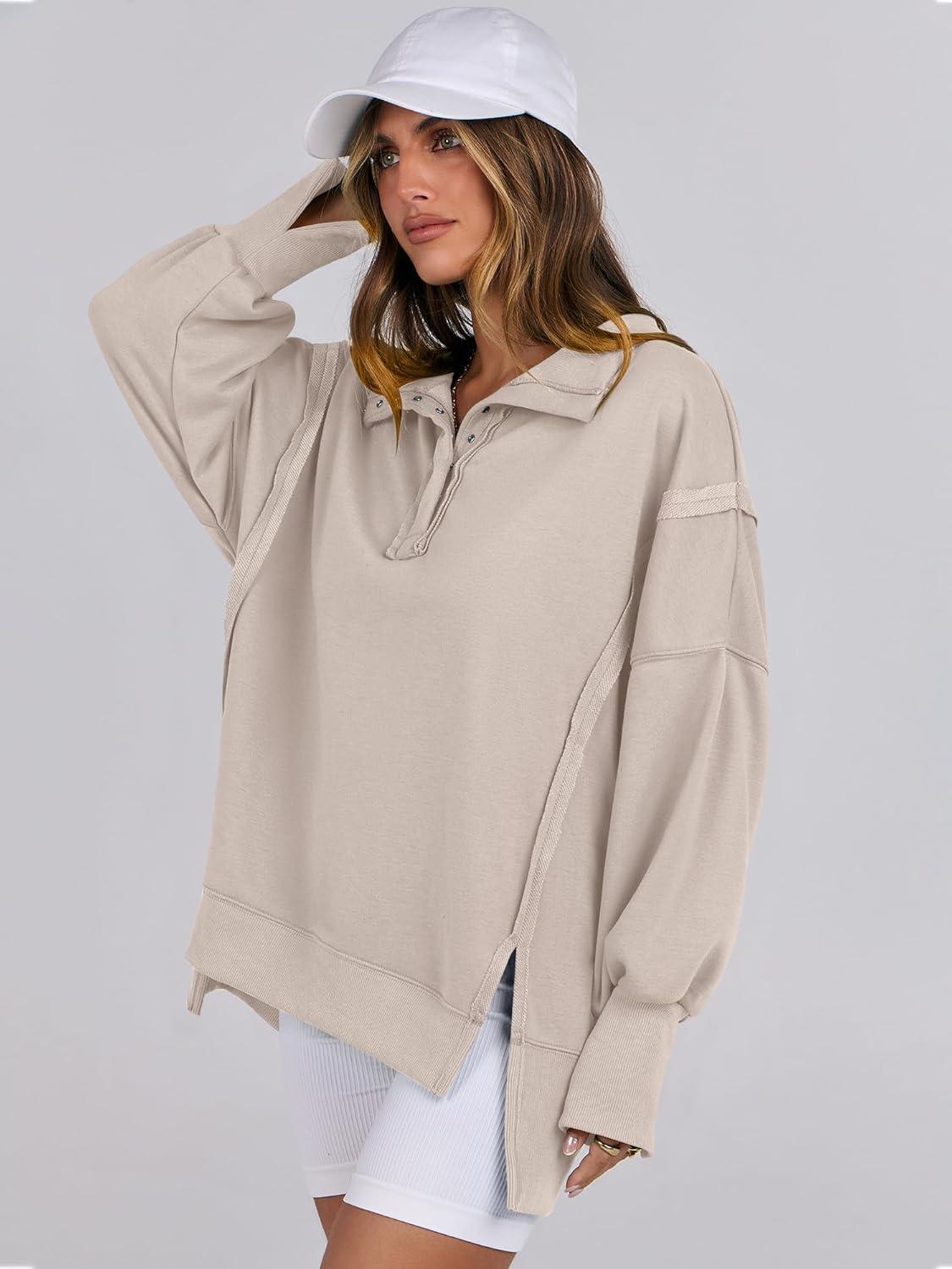 imageANRABESS Womens Sweatshirts Oversized Casual Loose Button Up Henley Pullover Top High Low Split 2025 Fall Fashion OutfitsApricot