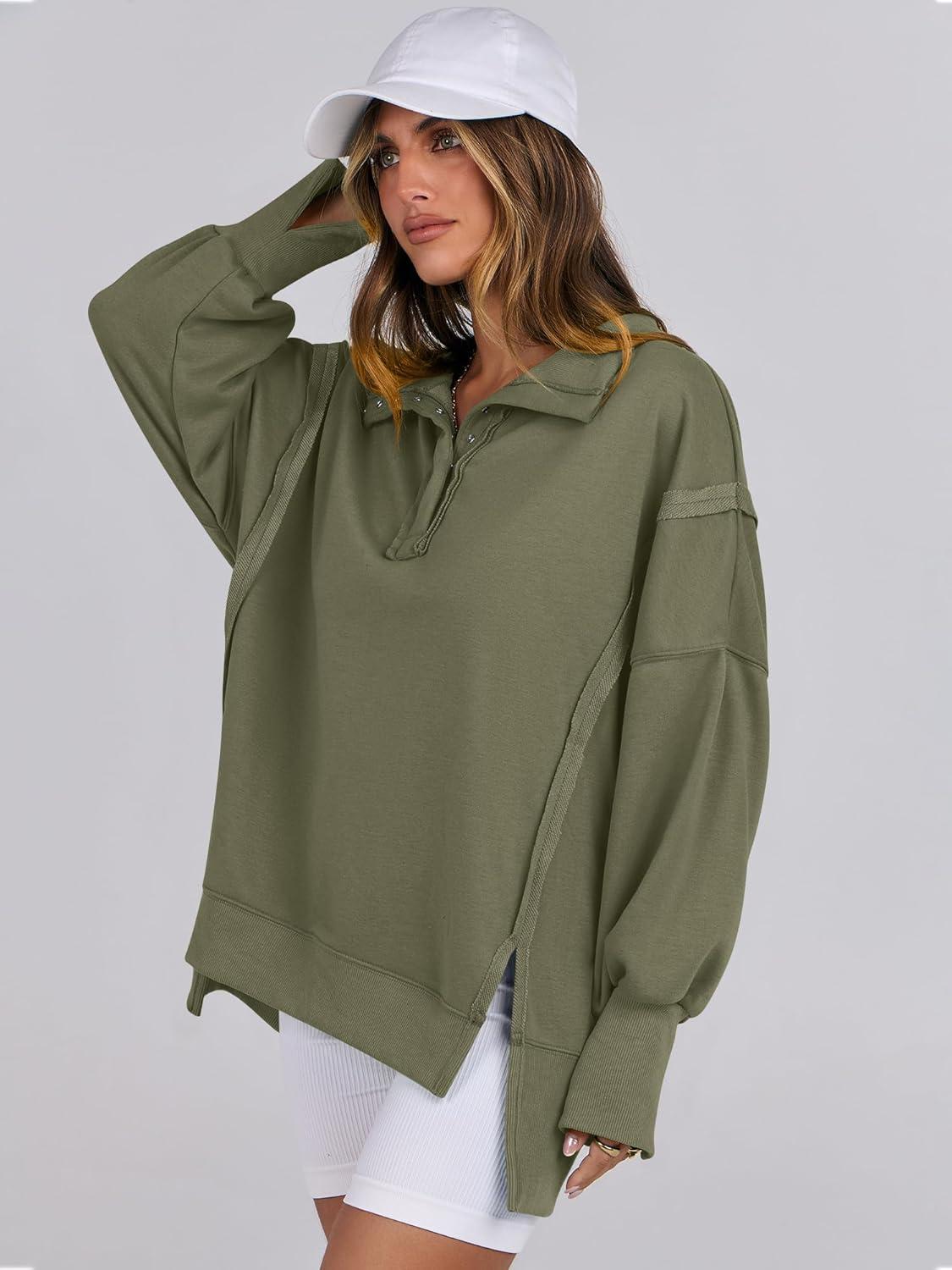 imageANRABESS Womens Sweatshirts Oversized Casual Loose Button Up Henley Pullover Top High Low Split 2025 Fall Fashion OutfitsArmy Green