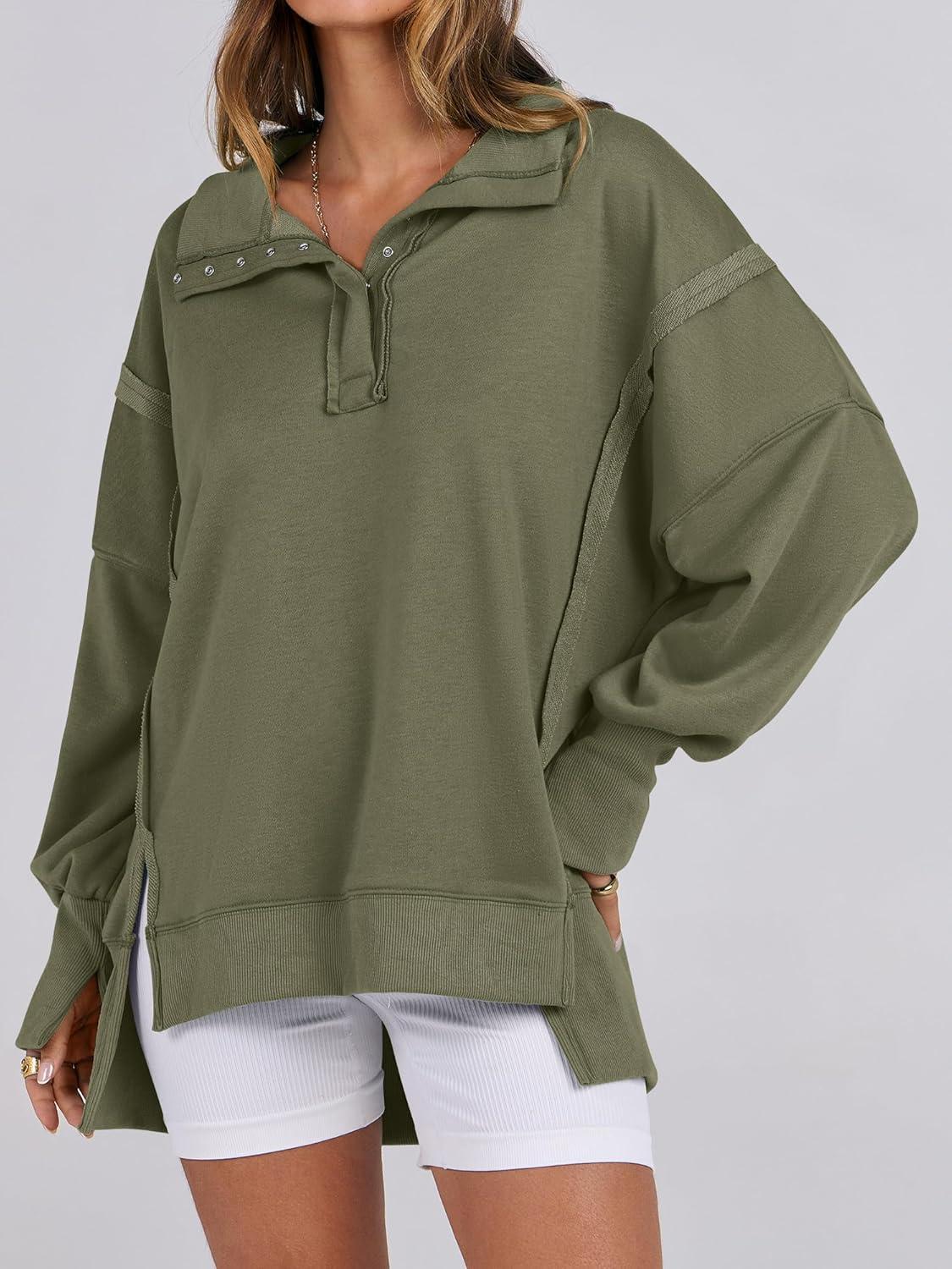 imageANRABESS Womens Sweatshirts Oversized Casual Loose Button Up Henley Pullover Top High Low Split 2025 Fall Fashion OutfitsArmy Green