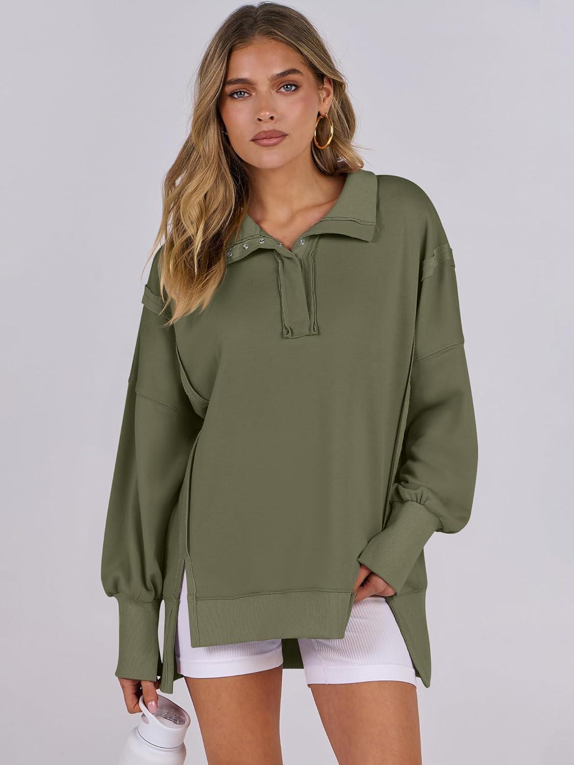 imageANRABESS Womens Sweatshirts Oversized Casual Loose Button Up Henley Pullover Top High Low Split 2025 Fall Fashion OutfitsArmy Green