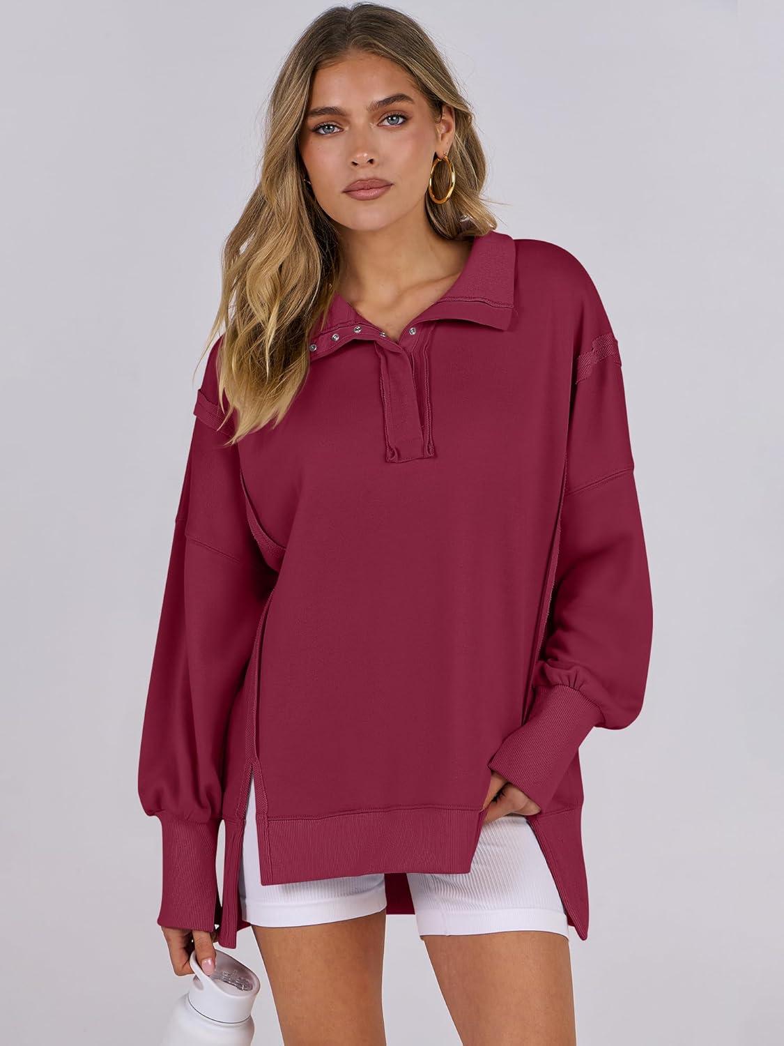 imageANRABESS Womens Sweatshirts Oversized Casual Loose Button Up Henley Pullover Top High Low Split 2025 Fall Fashion OutfitsDeep Red