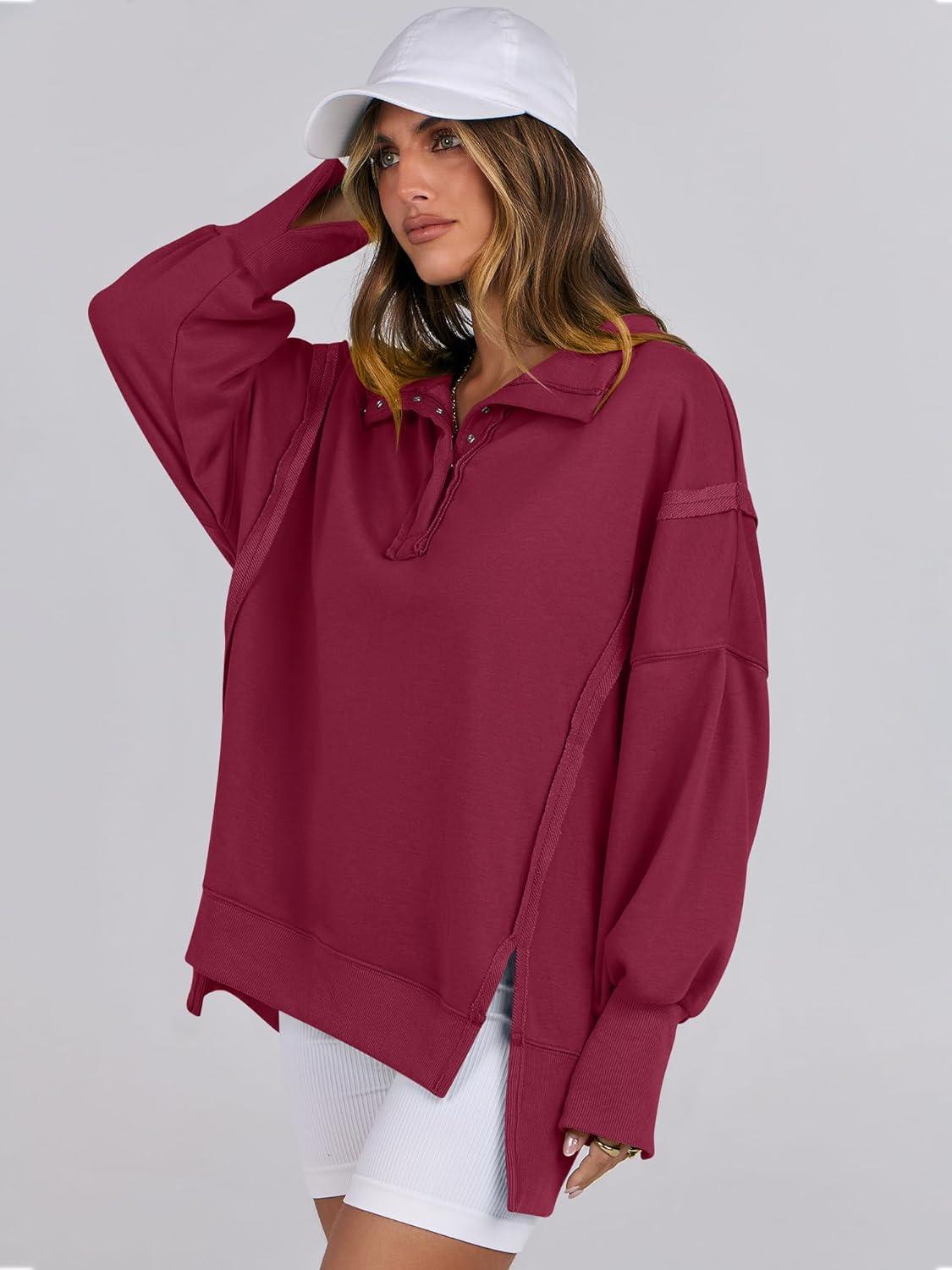 imageANRABESS Womens Sweatshirts Oversized Casual Loose Button Up Henley Pullover Top High Low Split 2025 Fall Fashion OutfitsDeep Red