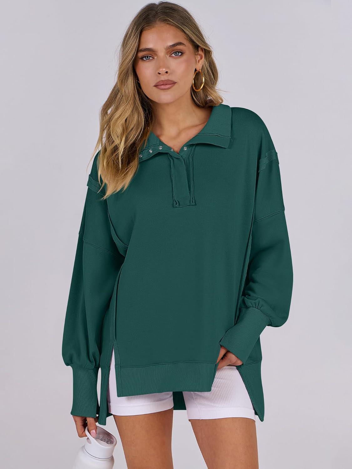 imageANRABESS Womens Sweatshirts Oversized Casual Loose Button Up Henley Pullover Top High Low Split 2025 Fall Fashion OutfitsForest
