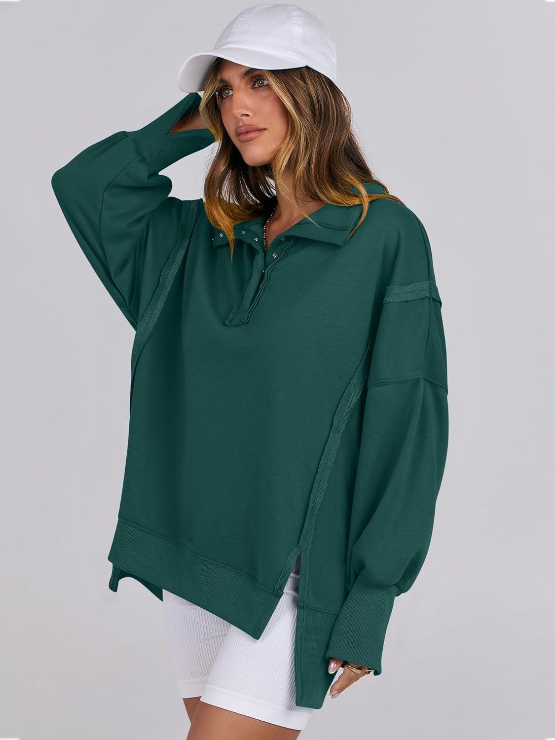 imageANRABESS Womens Sweatshirts Oversized Casual Loose Button Up Henley Pullover Top High Low Split 2025 Fall Fashion OutfitsForest