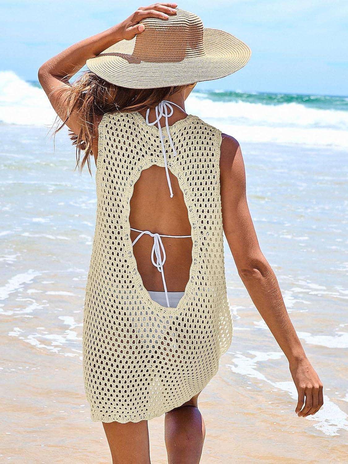 imageANRABESS Womens Swimsuit Cover Up Sleeveless Knit 2025 Summer Outfits Swimwear Bathing Suit Coverup Crochet Beach DressApricot
