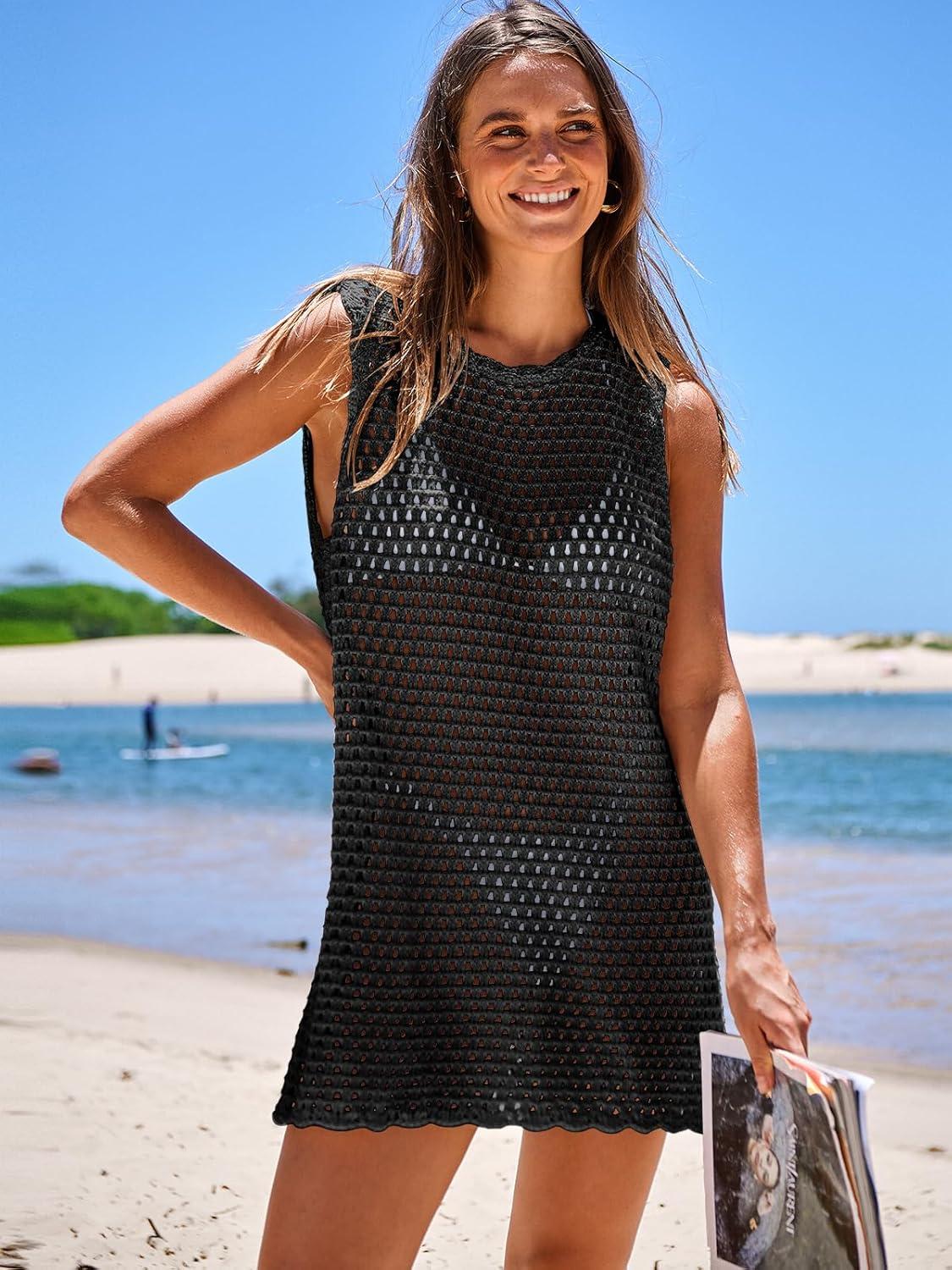 imageANRABESS Womens Swimsuit Cover Up Sleeveless Knit 2025 Summer Outfits Swimwear Bathing Suit Coverup Crochet Beach DressBlack