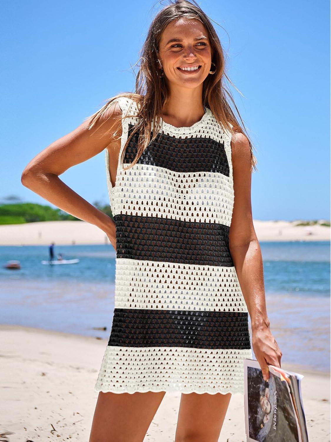 imageANRABESS Womens Swimsuit Cover Up Sleeveless Knit 2025 Summer Outfits Swimwear Bathing Suit Coverup Crochet Beach DressBlack White Stripe