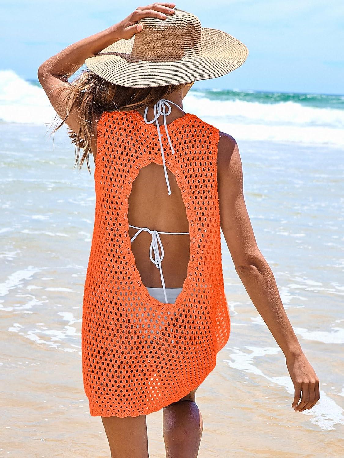 imageANRABESS Womens Swimsuit Cover Up Sleeveless Knit 2025 Summer Outfits Swimwear Bathing Suit Coverup Crochet Beach DressOrange
