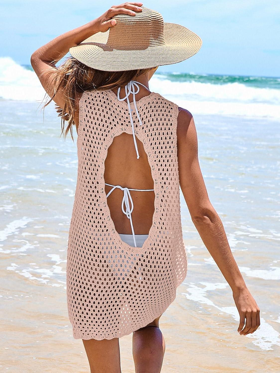imageANRABESS Womens Swimsuit Cover Up Sleeveless Knit 2025 Summer Outfits Swimwear Bathing Suit Coverup Crochet Beach DressPink