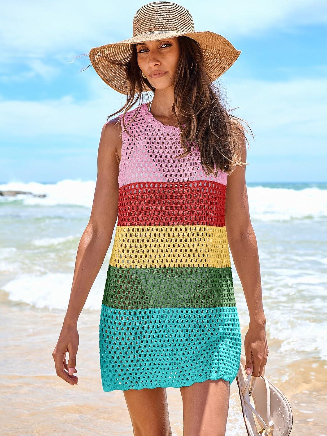 imageANRABESS Womens Swimsuit Cover Up Sleeveless Knit 2025 Summer Outfits Swimwear Bathing Suit Coverup Crochet Beach DressRainbow