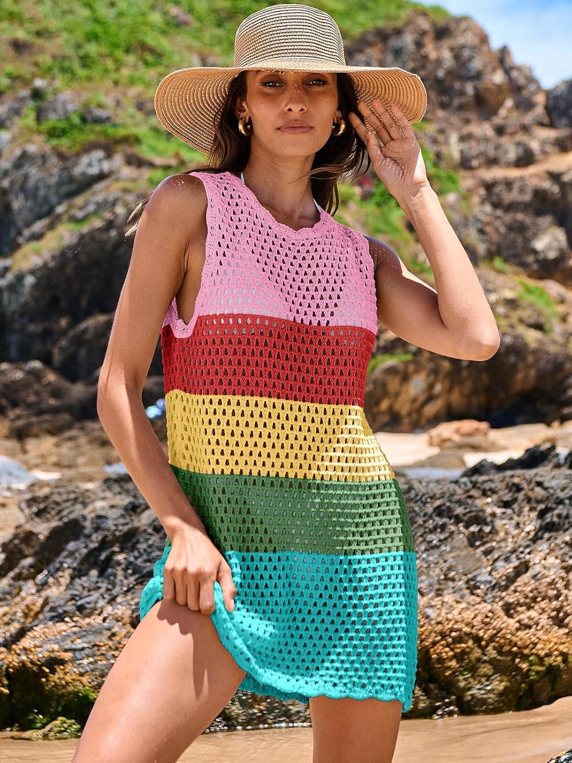imageANRABESS Womens Swimsuit Cover Up Sleeveless Knit 2025 Summer Outfits Swimwear Bathing Suit Coverup Crochet Beach DressRainbow
