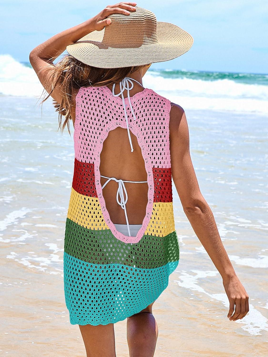 imageANRABESS Womens Swimsuit Cover Up Sleeveless Knit 2025 Summer Outfits Swimwear Bathing Suit Coverup Crochet Beach DressRainbow