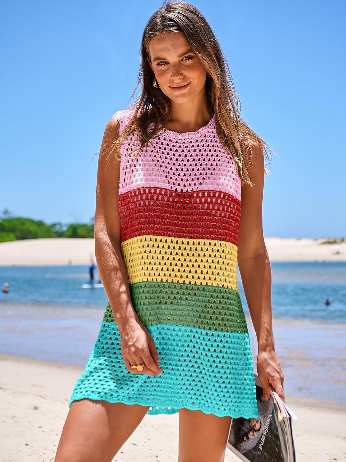 imageANRABESS Womens Swimsuit Cover Up Sleeveless Knit 2025 Summer Outfits Swimwear Bathing Suit Coverup Crochet Beach DressRainbow