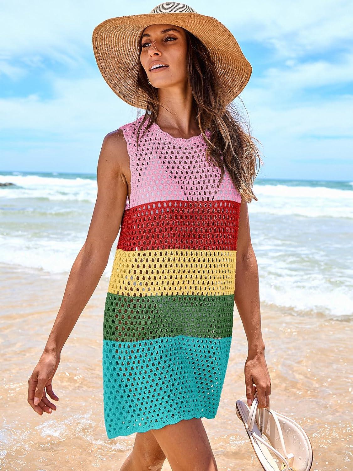 imageANRABESS Womens Swimsuit Cover Up Sleeveless Knit 2025 Summer Outfits Swimwear Bathing Suit Coverup Crochet Beach DressRainbow