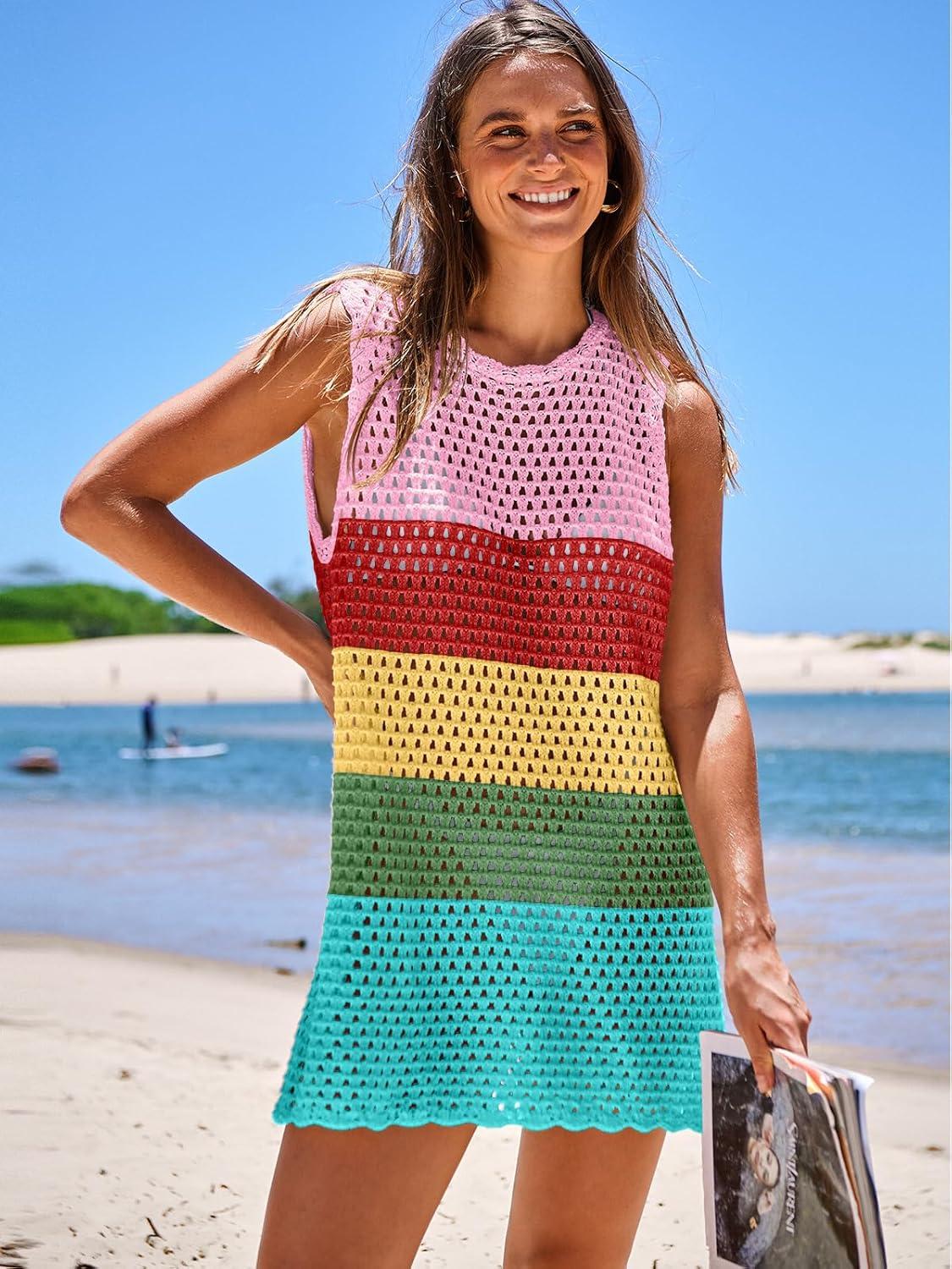 imageANRABESS Womens Swimsuit Cover Up Sleeveless Knit 2025 Summer Outfits Swimwear Bathing Suit Coverup Crochet Beach DressRainbow
