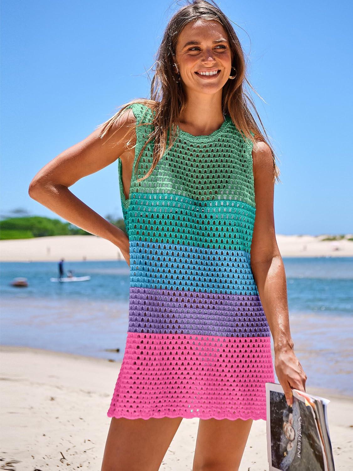 imageANRABESS Womens Swimsuit Cover Up Sleeveless Knit 2025 Summer Outfits Swimwear Bathing Suit Coverup Crochet Beach DressRainbow Stripes