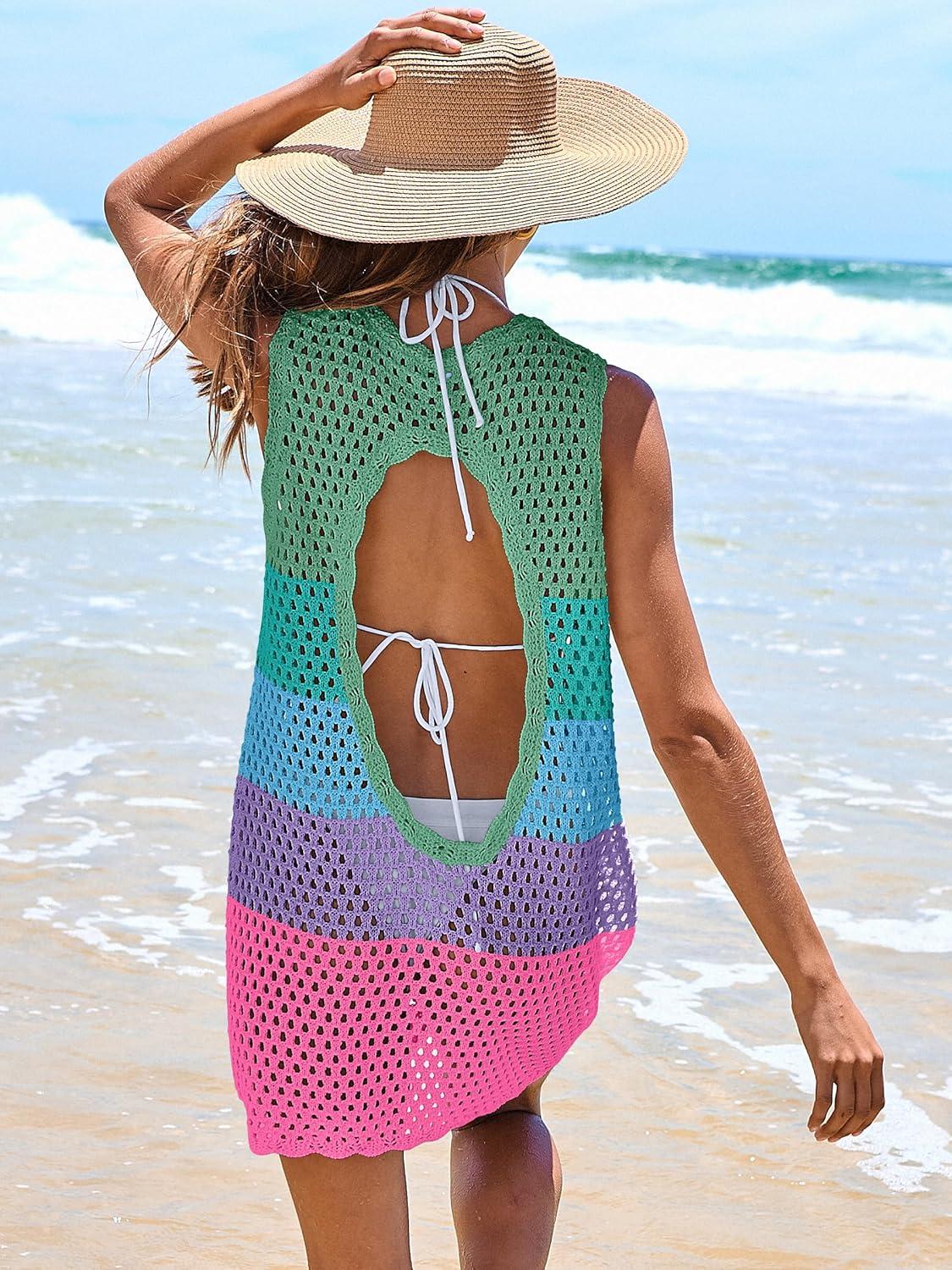 imageANRABESS Womens Swimsuit Cover Up Sleeveless Knit 2025 Summer Outfits Swimwear Bathing Suit Coverup Crochet Beach DressRainbow Stripes