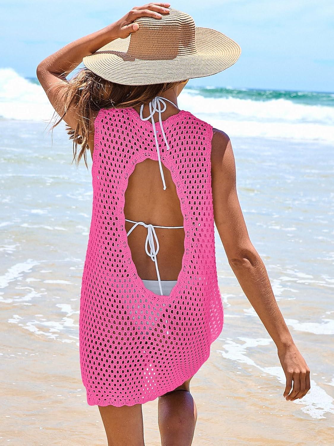 imageANRABESS Womens Swimsuit Cover Up Sleeveless Knit 2025 Summer Outfits Swimwear Bathing Suit Coverup Crochet Beach DressRose