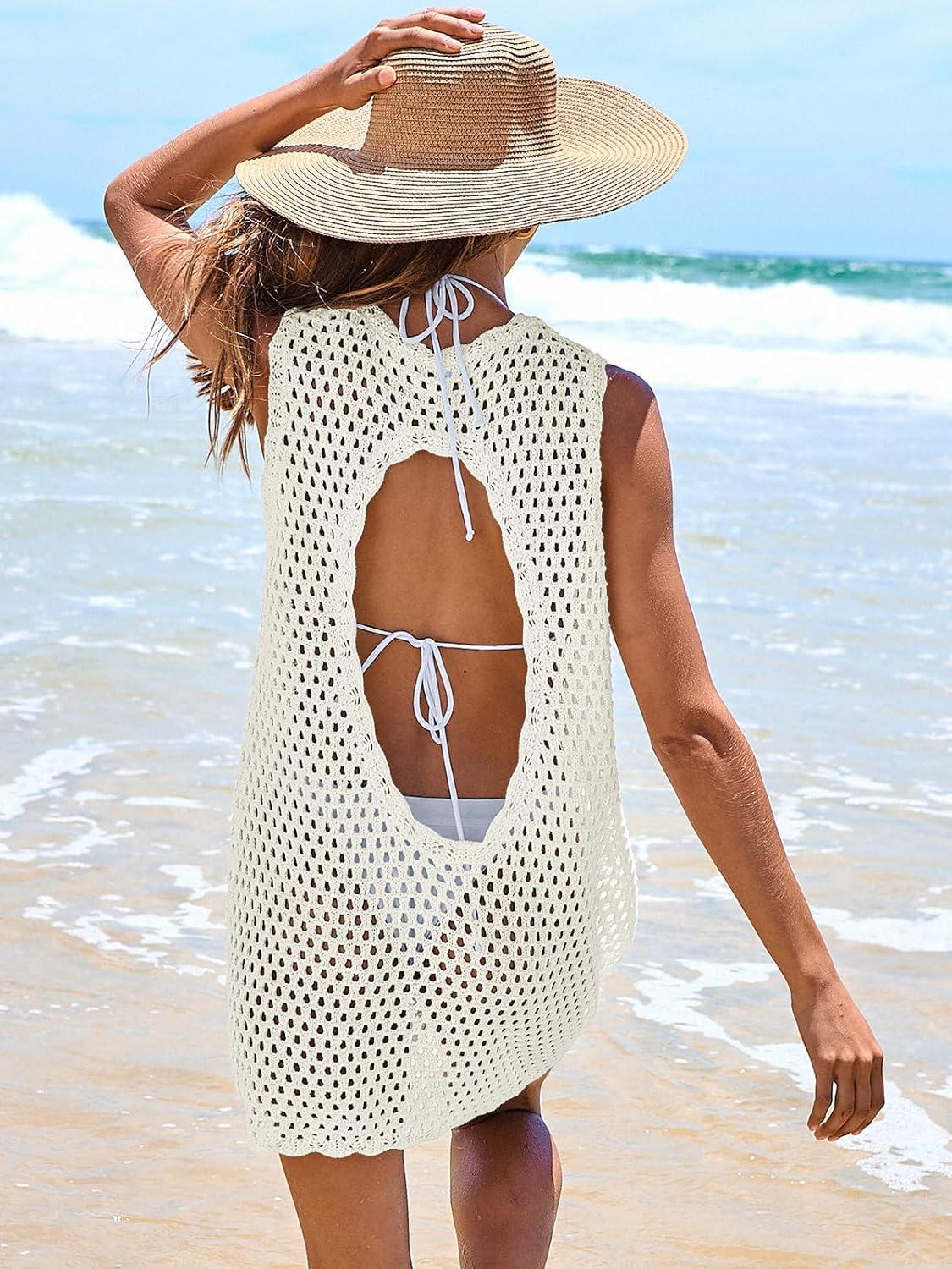 imageANRABESS Womens Swimsuit Cover Up Sleeveless Knit 2025 Summer Outfits Swimwear Bathing Suit Coverup Crochet Beach DressWhite