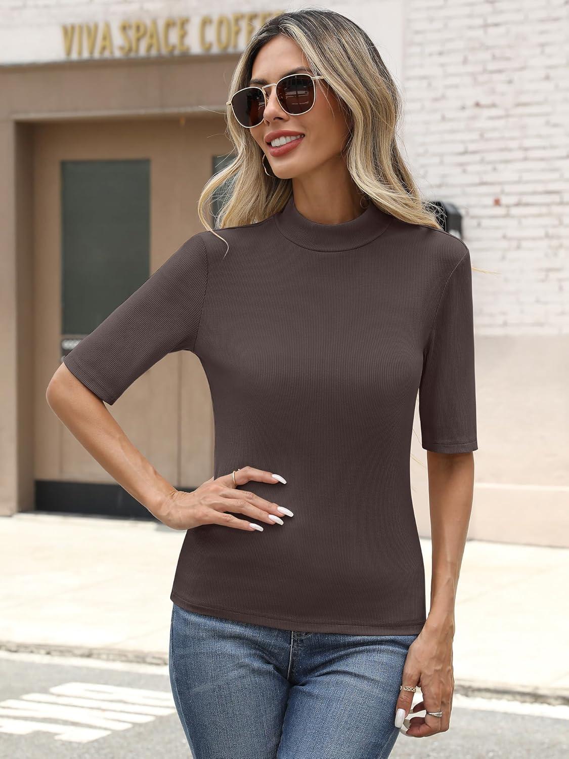 imageANRABESS Womens Tops Mock Neck Half Sleeve Shirts Ribbed Knit Slim Fit Basic Tee 2025 Summer Fall Dressy Casual TShirtsBrown