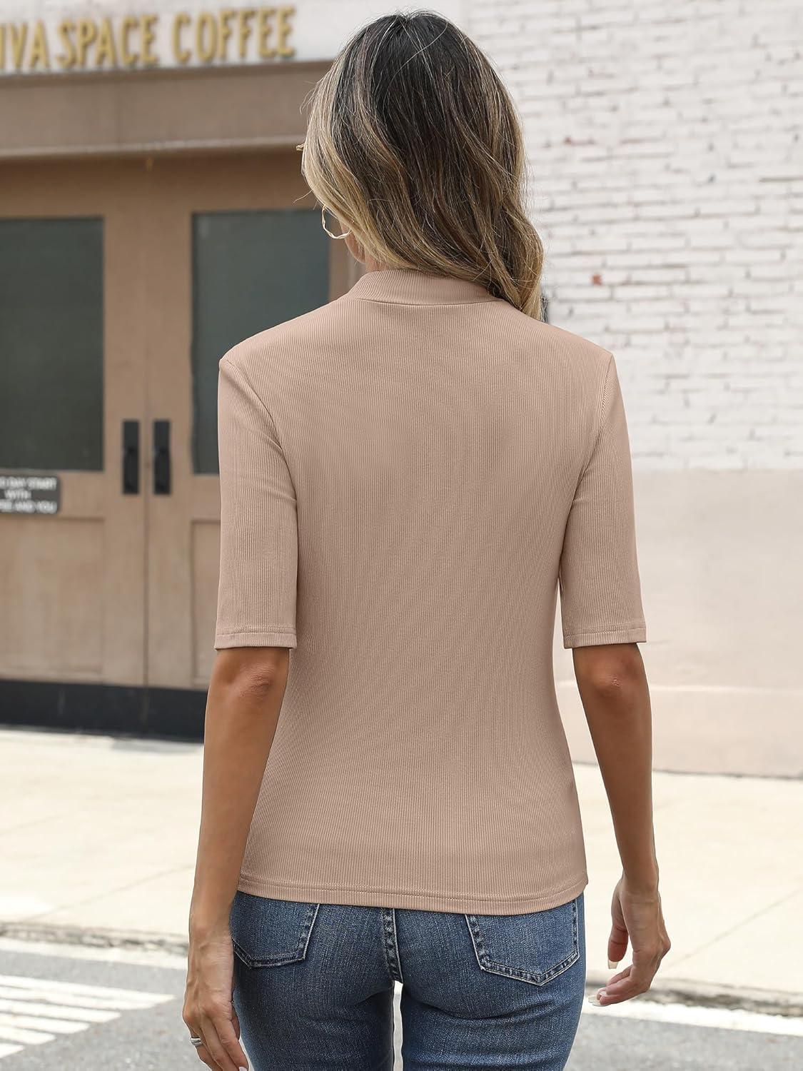 imageANRABESS Womens Tops Mock Neck Half Sleeve Shirts Ribbed Knit Slim Fit Basic Tee 2025 Summer Fall Dressy Casual TShirtsLight Khaki