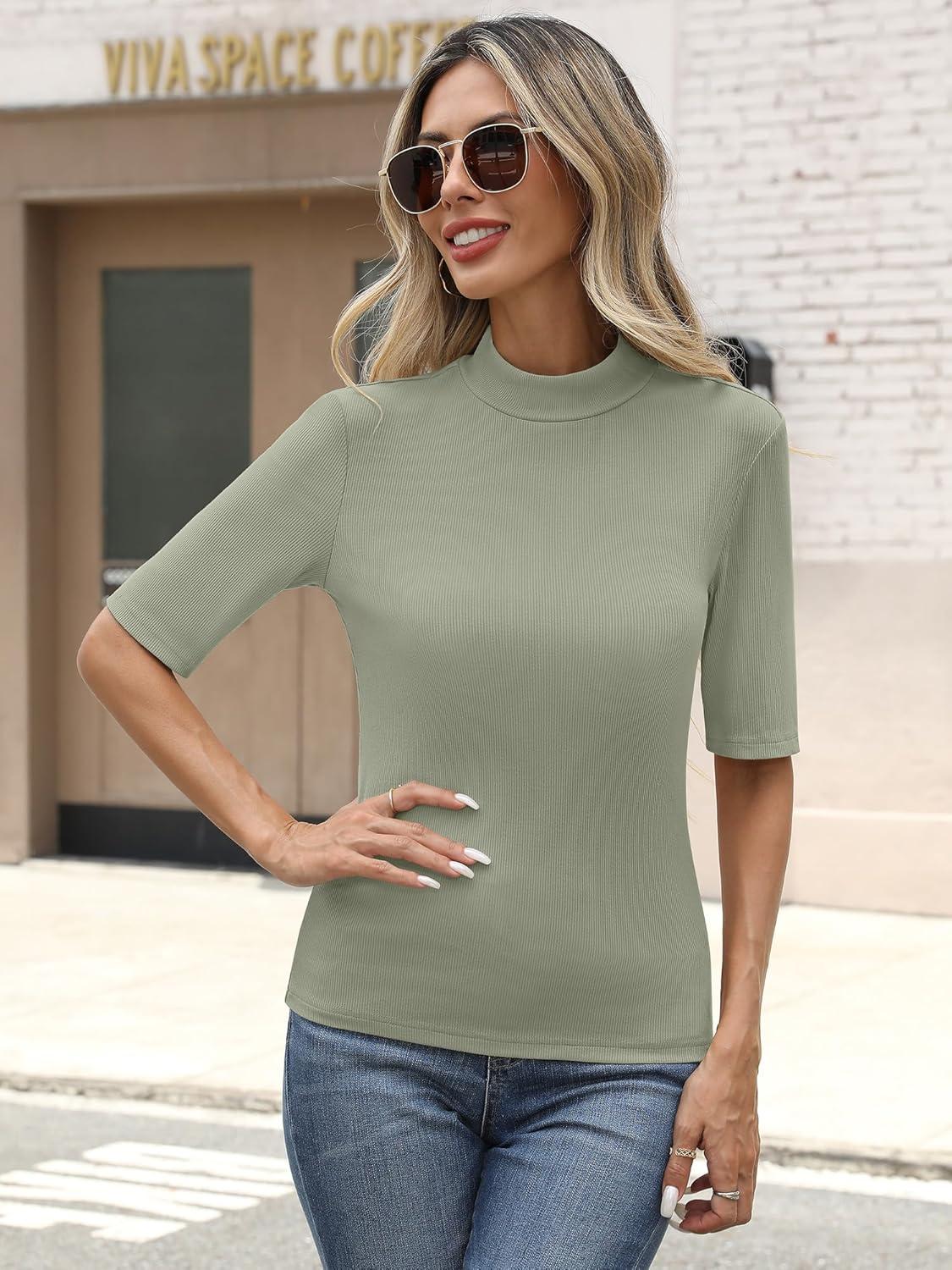 imageANRABESS Womens Tops Mock Neck Half Sleeve Shirts Ribbed Knit Slim Fit Basic Tee 2025 Summer Fall Dressy Casual TShirtsSage Green
