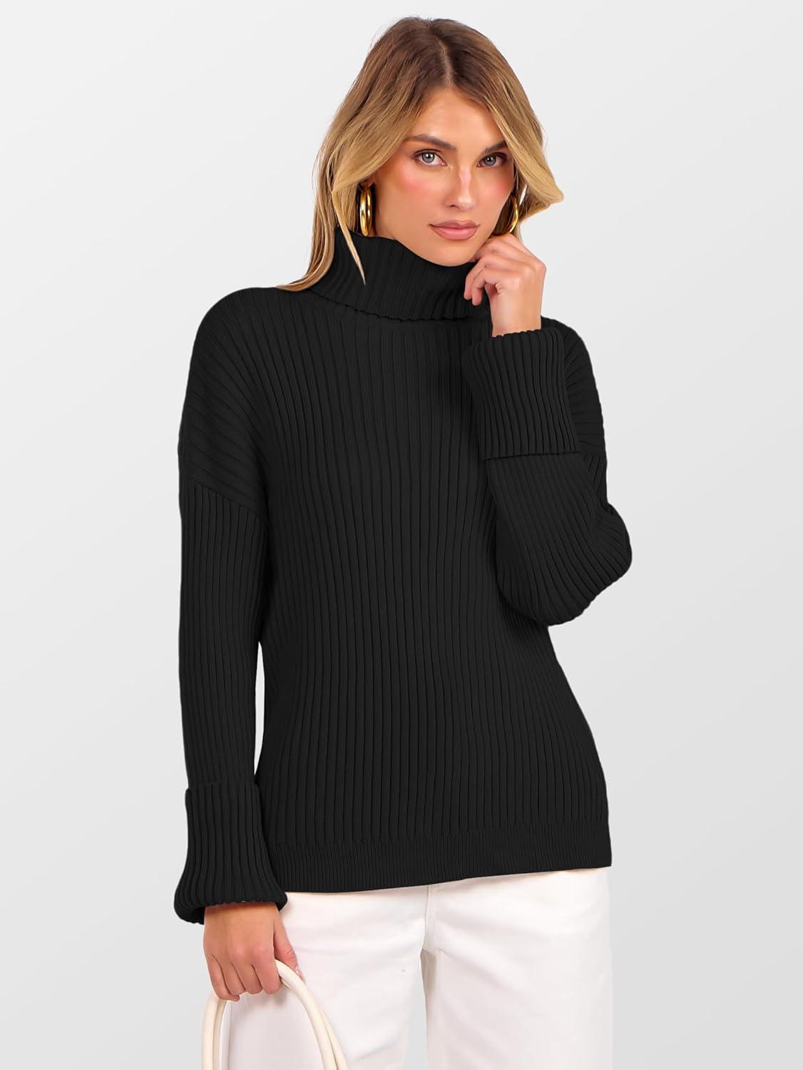 imageANRABESS Womens Turtleneck Sweater 2025 Long Sleeve Ribbed Chunky Knit Fall Pullover Sweater TopBlack