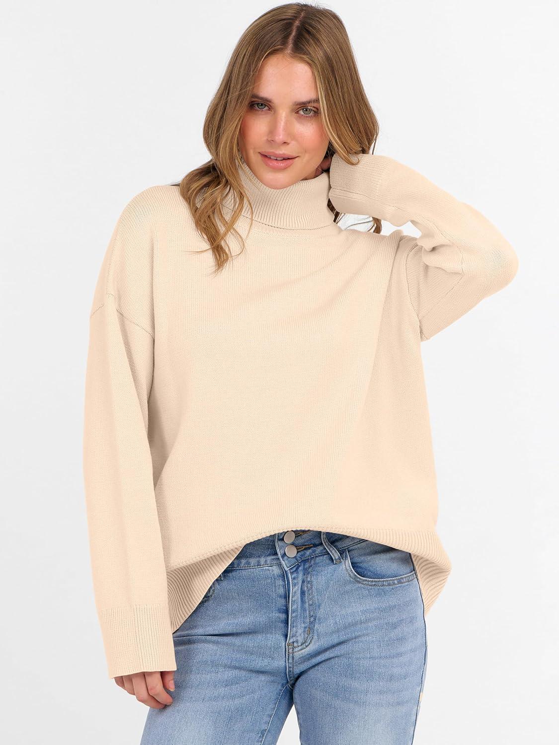 imageANRABESS Womens Turtleneck Sweaters Oversized Chunky Long Sleeve Knit High Low Hem Pullover Top 2025 Fall Winter FashionParchment