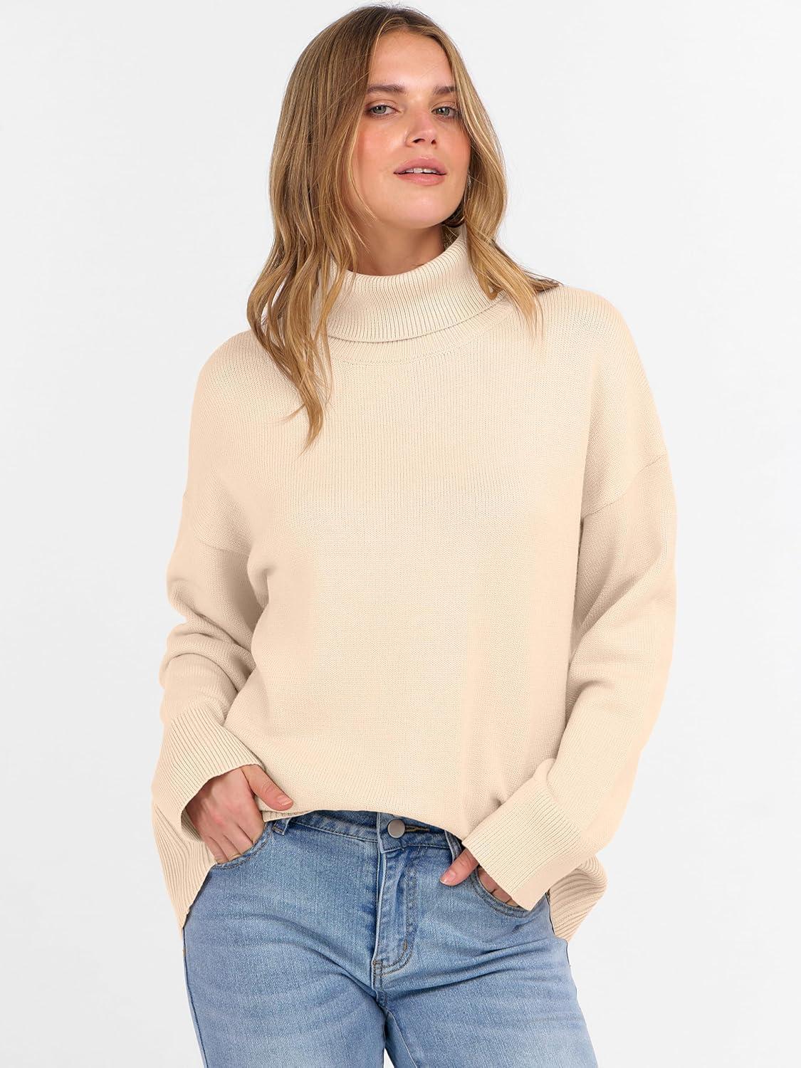 imageANRABESS Womens Turtleneck Sweaters Oversized Chunky Long Sleeve Knit High Low Hem Pullover Top 2025 Fall Winter FashionParchment