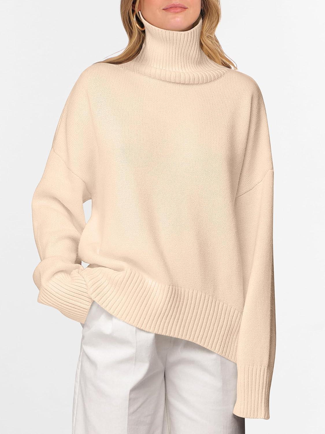 imageANRABESS Womens Turtleneck Sweaters Oversized Chunky Long Sleeve Knit High Low Hem Pullover Top 2025 Fall Winter FashionParchment
