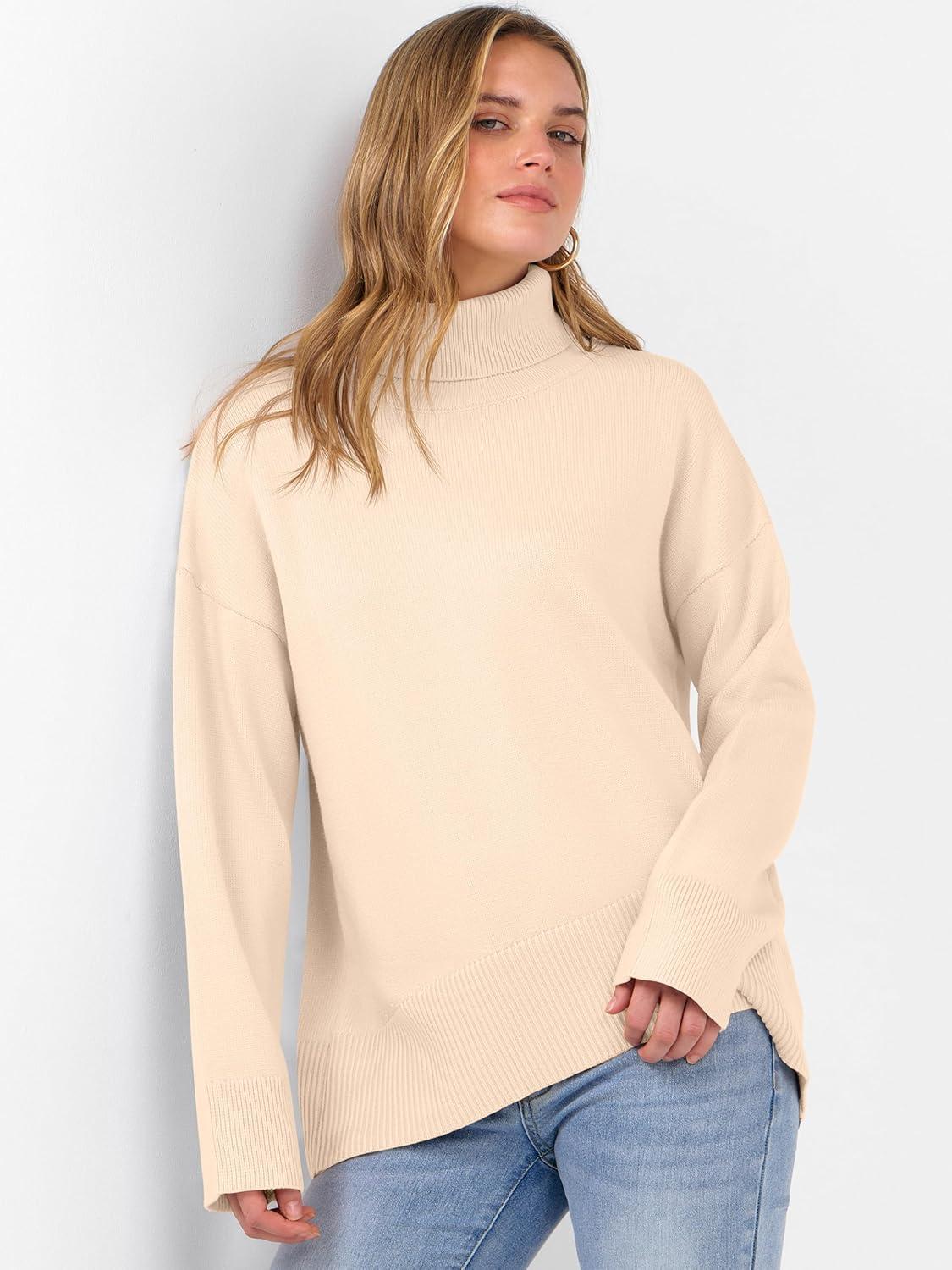 imageANRABESS Womens Turtleneck Sweaters Oversized Chunky Long Sleeve Knit High Low Hem Pullover Top 2025 Fall Winter FashionParchment