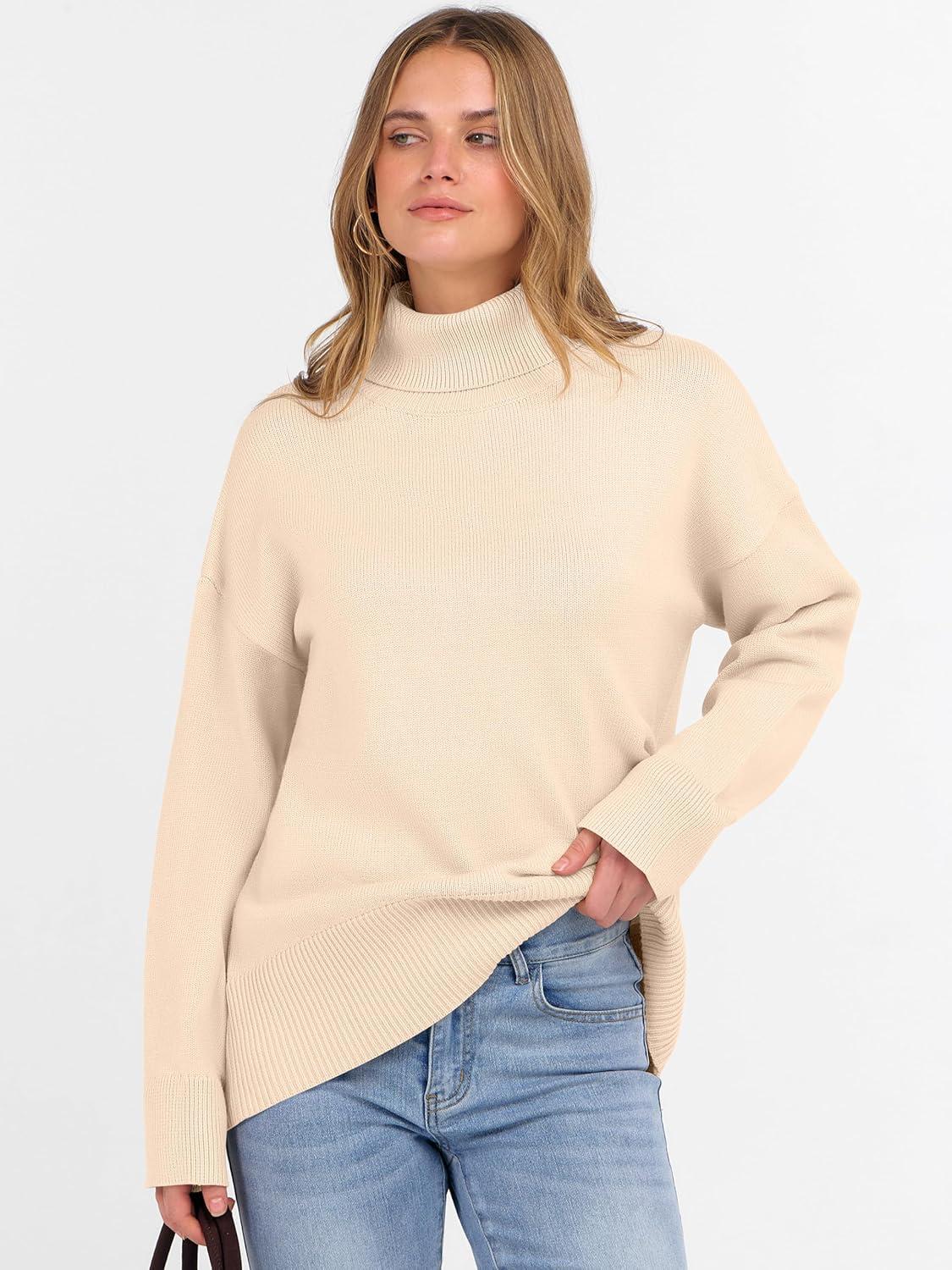 imageANRABESS Womens Turtleneck Sweaters Oversized Chunky Long Sleeve Knit High Low Hem Pullover Top 2025 Fall Winter FashionParchment