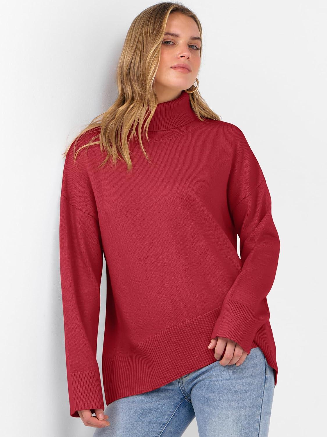 imageANRABESS Womens Turtleneck Sweaters Oversized Chunky Long Sleeve Knit High Low Hem Pullover Top 2025 Fall Winter FashionRed
