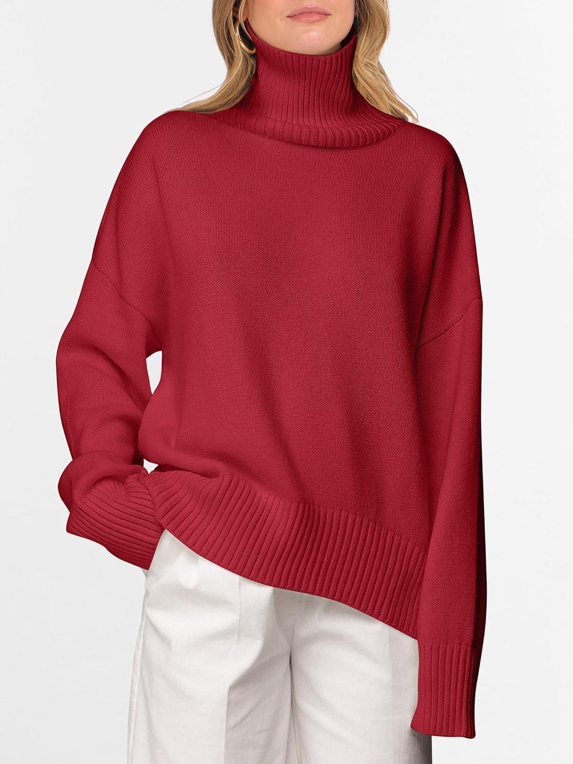 imageANRABESS Womens Turtleneck Sweaters Oversized Chunky Long Sleeve Knit High Low Hem Pullover Top 2025 Fall Winter FashionRed
